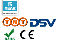 5 años de garantía, entrega TNT, entrega DSV, CE y RoHS logos